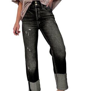 High Waisted Tummy Control Jeans Distressed Straight Leg Jeans Cuffed Denim